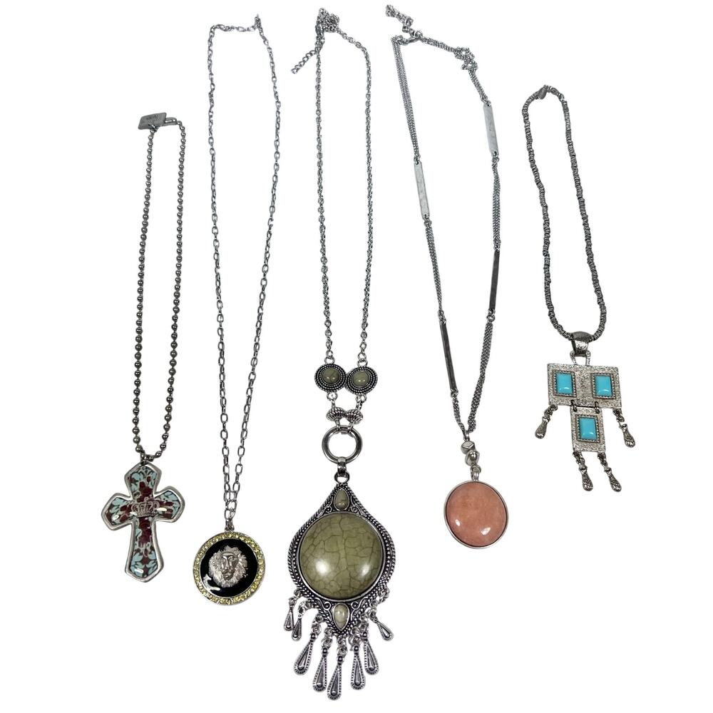 Lot of 5 Southwestern Bohemian Necklaces Chains Silver Tone Cross Round Designs